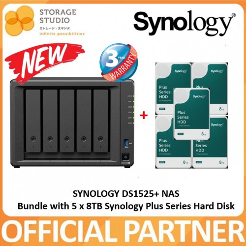 SYNOLOGY 5-Bay Diskstation DS1525+ Bundle with 5 x 8TB Synology Plus Series. Singapore 3 Years Warranty.